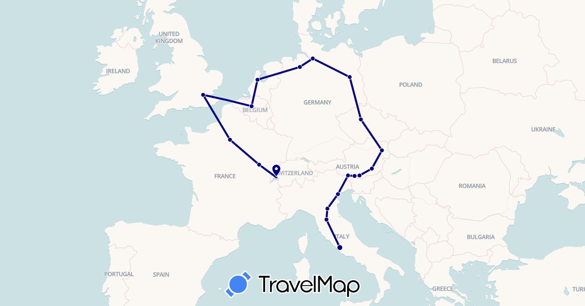 TravelMap itinerary: driving in Austria, Belgium, Switzerland, Czech Republic, Germany, France, United Kingdom, Italy, Netherlands (Europe)